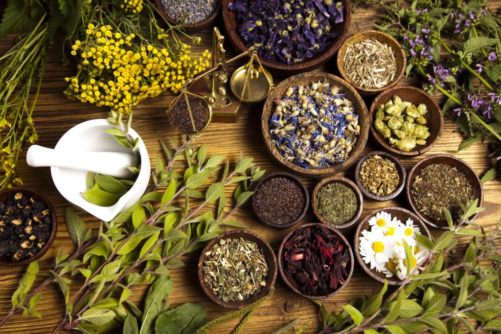 Herbal products and medicine in bowls