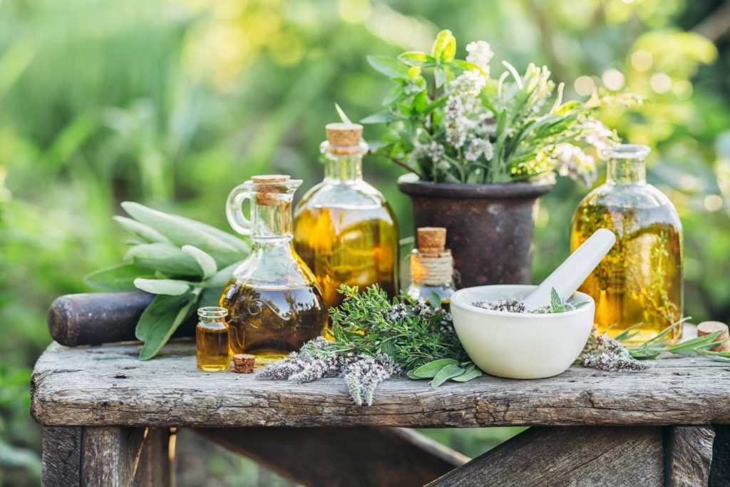 Herbal medicine and products on table